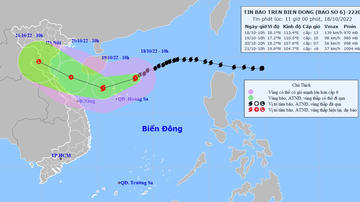 Dự báo thời tiết: Gió gần tâm bão số 6 mạnh cấp 12-13, giật cấp 15 và suy yếu dần trong ngày 18/10