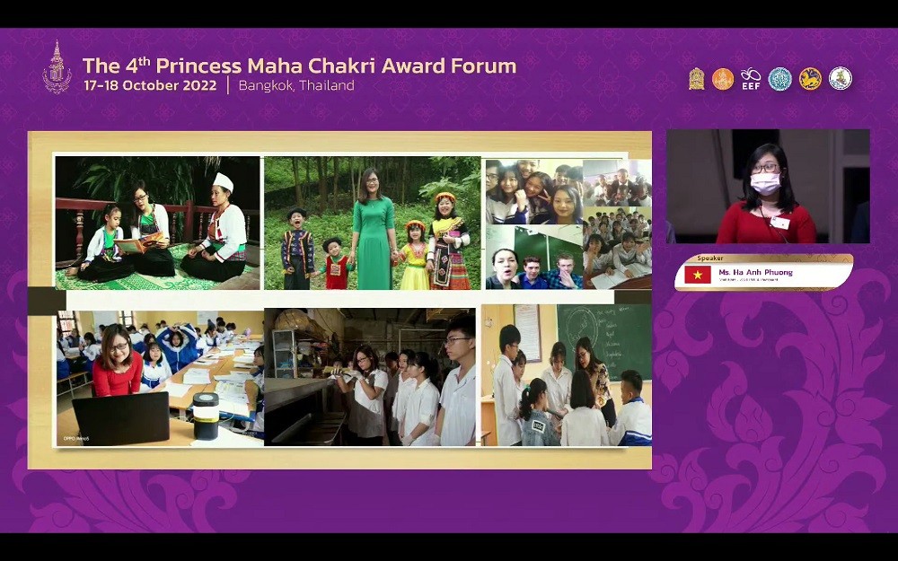 (10.18) Cô giáo Hà Ánh Phượng chia sẻ kinh nghiệm đổi mới, giảng dạy của mình trong tại lễ khai mạc Diễn đàn PMCA lần thứ 4 ngày 17/10. (Nguồn: Đại sứ quán Thái Lan tại Việt Nam)
