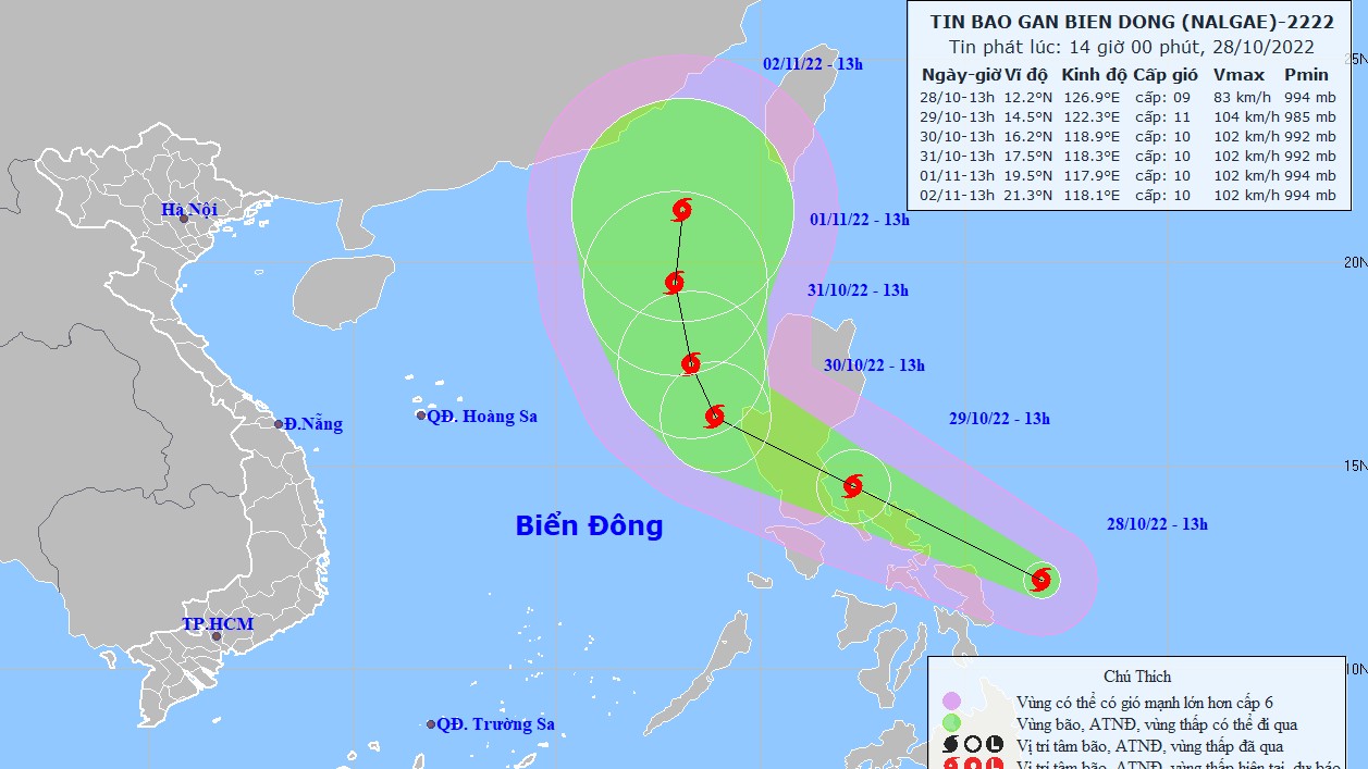 Tin bão gần Biển Đông: Tác động của bão Nalgae, phía Đông của Bắc Biển Đông sẽ có sóng cao 5-7m