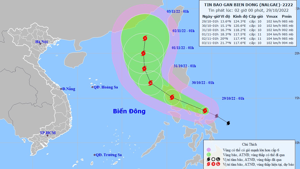 Dự báo: Bão Nalgae di chuyển theo hướng Tây Tây Bắc, phía Đông của Bắc và giữa Biển Đông biển động rất mạnh