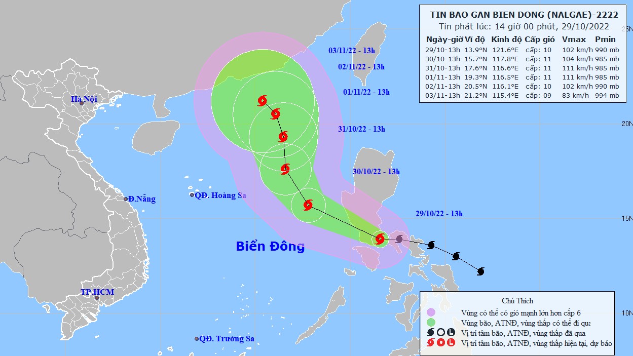 Dự báo thời tiết: Bão Nalgae có xu hướng mạnh dần lên, sóng biển vùng gần tâm bão cao 7-9m