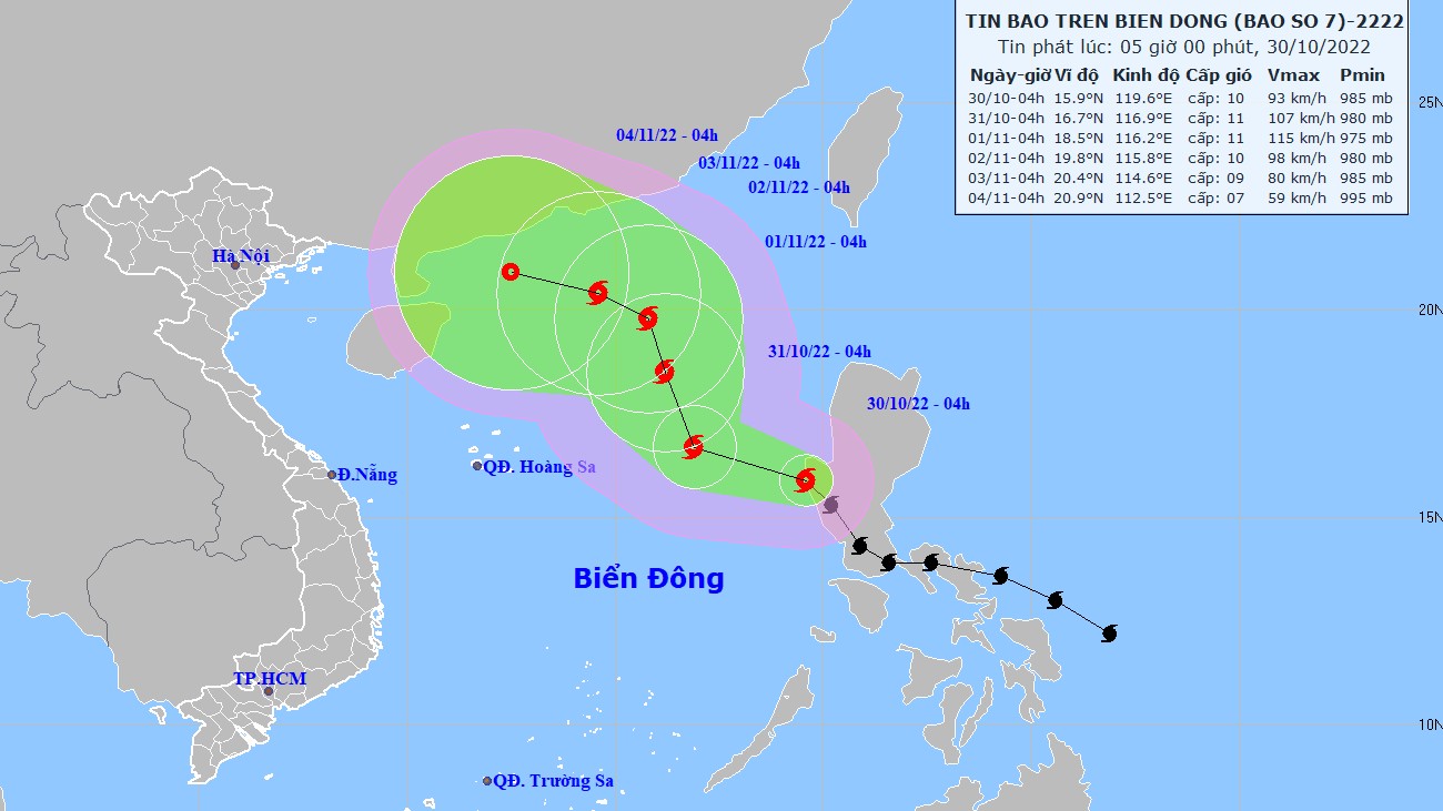 Bão Nalgae đi vào Biển Đông thành cơn bão số 7, gió vùng gần tâm bão  mạnh cấp 10-11, giật cấp 13