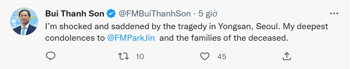 (10.30) Bộ trưởng Ngoại giao Bùi Thanh Sơn gửi lời chia buồn tới Bộ trưởng Ngoại giao Hàn Quốc Park Jin. (Nguồn: Twitter)