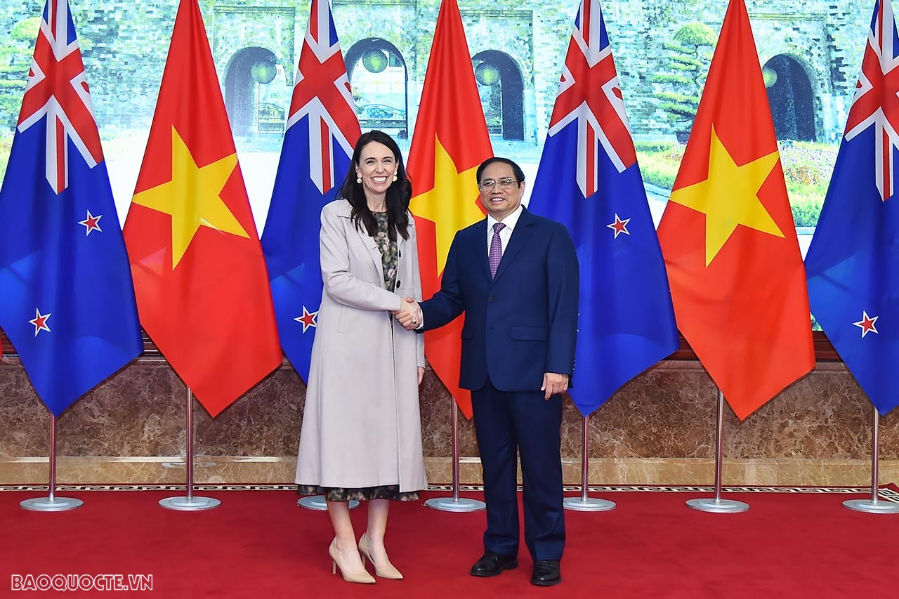 Chiều nay, 14/11, Thủ tướng Chính phủ Phạm Minh Chính chủ trì lễ đón chính thức Thủ tướng New Zealand Jacinda Ardern thăm chính thức Việt Nam. (Ảnh: Anh Sơn)
