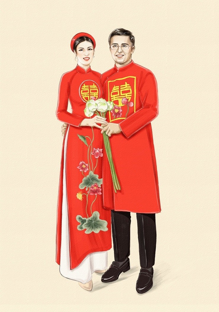 Áo dài đám ăn hỏi vợ chồng Hoa hậu Ngọc  Hân do cô dâu tự thiết