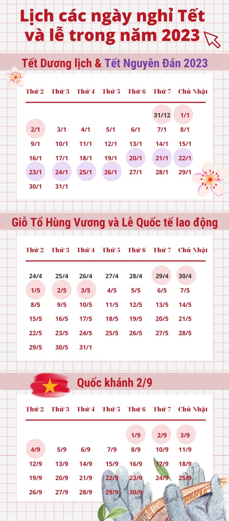 Điểm danh những ngày nghỉ lễ và Tết trong năm 2023 Điểm danh những ngày nghỉ lễ và Tết trong năm 2023