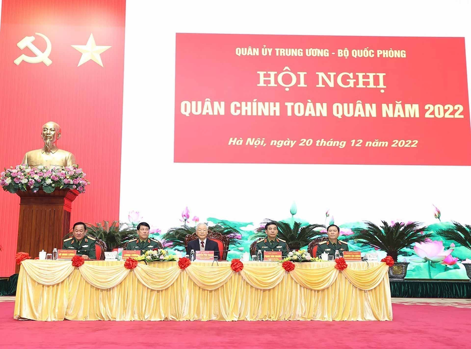 Tổng Bí thư Nguyễn Phú Trọng dự Hội nghị Quân chính toàn quân năm 2022. (Nguồn: TTXVN) Tổng Bí thư Nguyễn Phú Trọng dự Hội nghị Quân chính toàn quân năm 2022. (Nguồn: TTXVN)