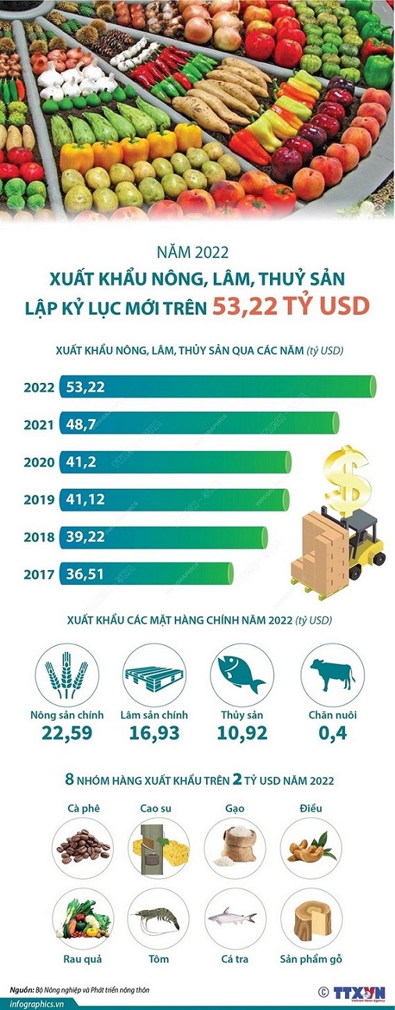 Năm 2022: Xuất khẩu nông, lâm, thủy sản của Việt Nam đạt hơn 53 tỷ USD Năm 2022: Xuất khẩu nông, lâm, thủy sản của Việt Nam đạt hơn 53 tỷ USD
