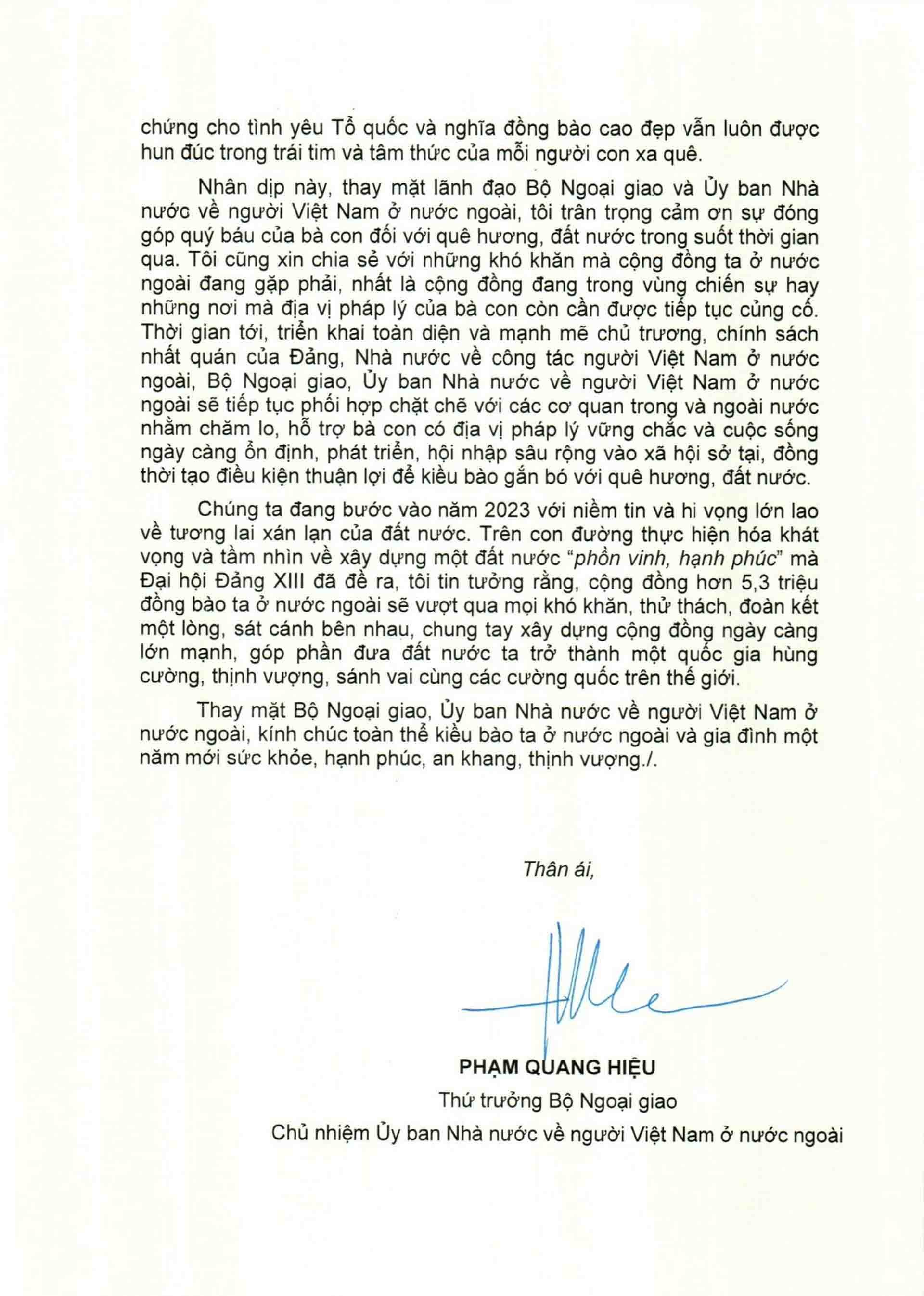 Thứ trưởng Ngoại giao Phạm Quang Hiệu gửi Thư chúc Tết Quý Mão 2023 tới kiều bào Thứ trưởng Ngoại giao Phạm Quang Hiệu gửi Thư chúc Tết Quý Mão 2023 tới kiều bào