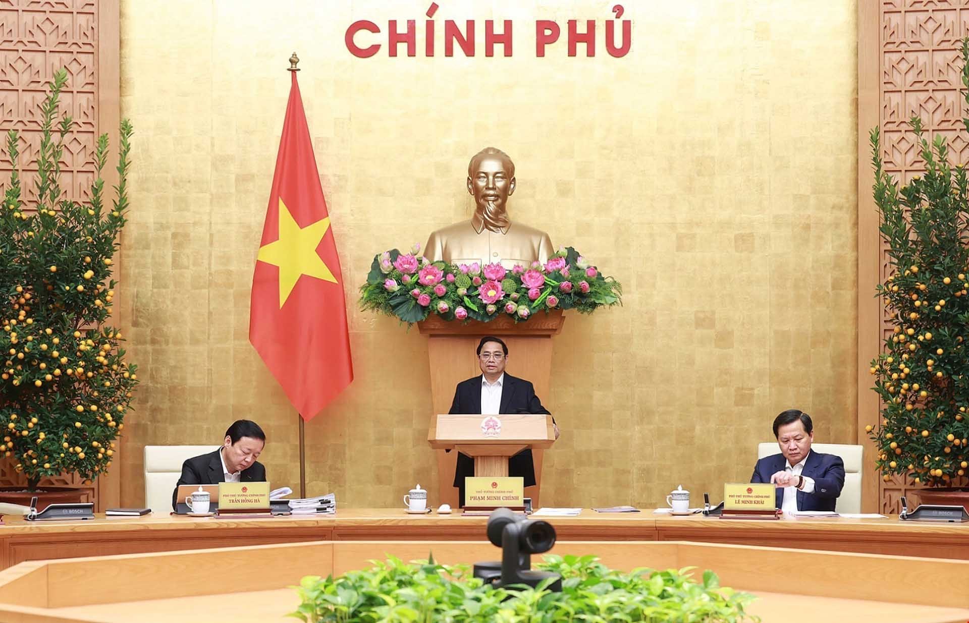 Thủ tướng Phạm Minh Chính chủ trì Phiên họp Chính phủ thường kỳ tháng 1 năm 2023 trực tuyến đến các địa phương. (Nguồn: TTXVN) Thủ tướng Phạm Minh Chính chủ trì Phiên họp Chính phủ thường kỳ tháng 1 năm 2023 trực tuyến đến các địa phương. (Nguồn: TTXVN)