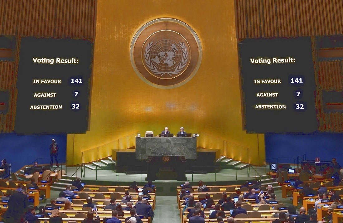 Toàn cảnh phiên bỏ phiếu của Đại hội đồng LHQ thông qua Nghị quyết kêu gọi chấm dứt xung đột Nga-Ukraine, ở New York (Mỹ) ngày 23/2/2023. (Nguồn AFP) Toàn cảnh phiên bỏ phiếu của Đại hội đồng LHQ thông qua Nghị quyết kêu gọi chấm dứt xung đột Nga-Ukraine, ở New York (Mỹ) ngày 23/2/2023. (Nguồn AFP)