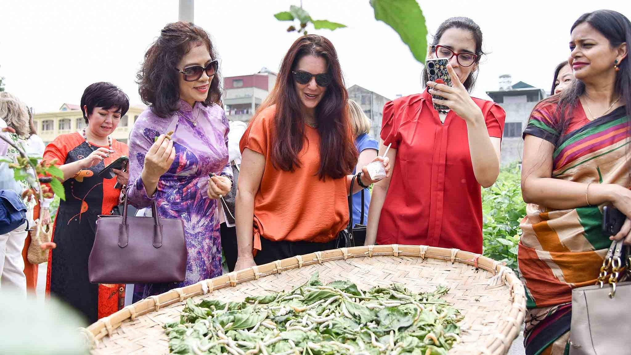 Các nhà ngoại giao nữ nước ngoài tại Việt Nam trải nghiệm dệt tơ tằm