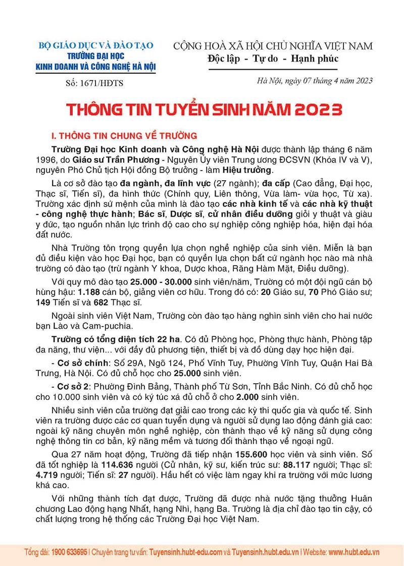 Trường Đại học Kinh doanh và Công nghệ Hà Nội: Thông tin tuyển sinh năm 2023