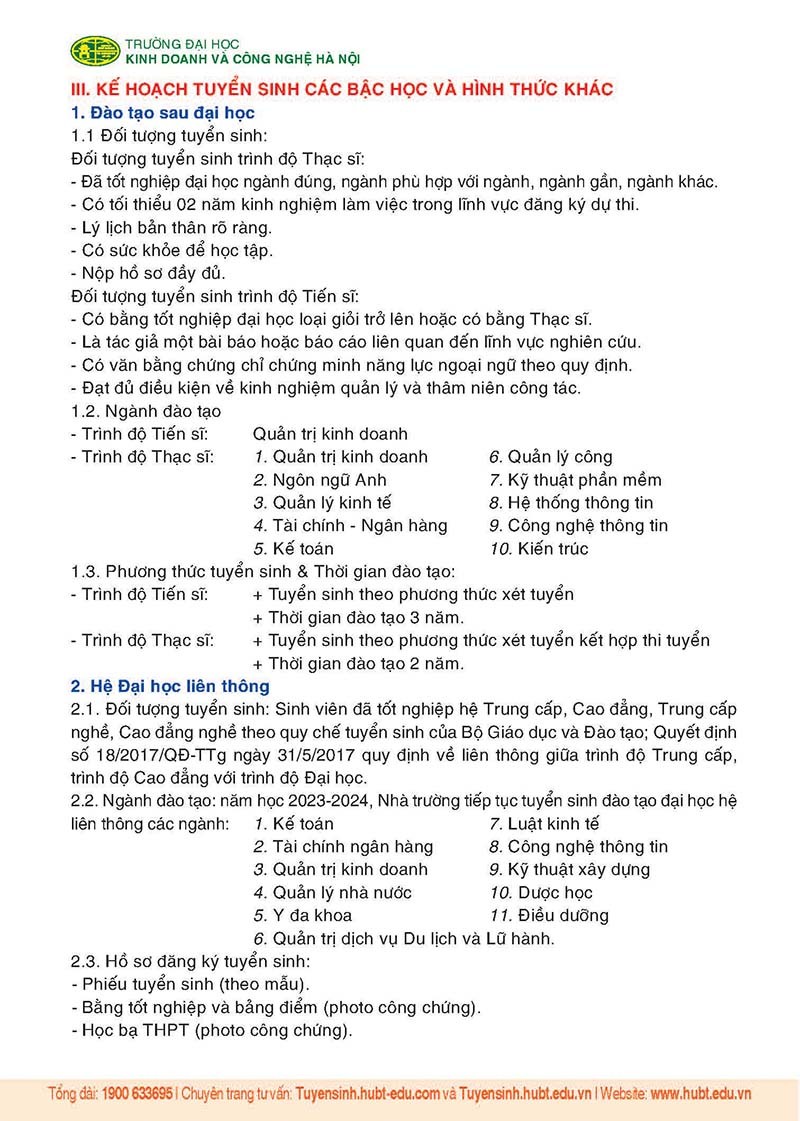 Trường Đại học Kinh doanh và Công nghệ Hà Nội: Thông tin tuyển sinh năm 2023