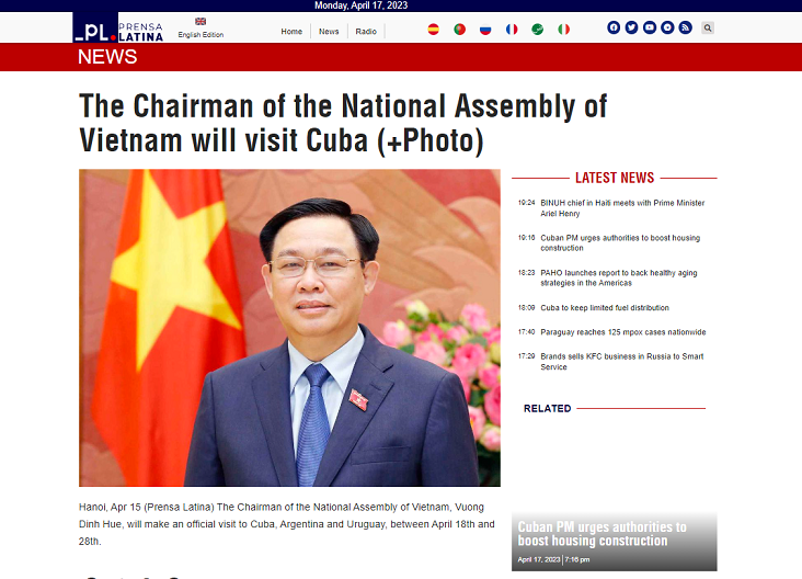 Tờ Prensa Latina đưa tin về chuyến thăm của Chủ tịch Quốc hội Vương Đình Huệ. (Ảnh chụp màn hình) Tờ Prensa Latina đưa tin về chuyến thăm của Chủ tịch Quốc hội Vương Đình Huệ. (Ảnh chụp màn hình)