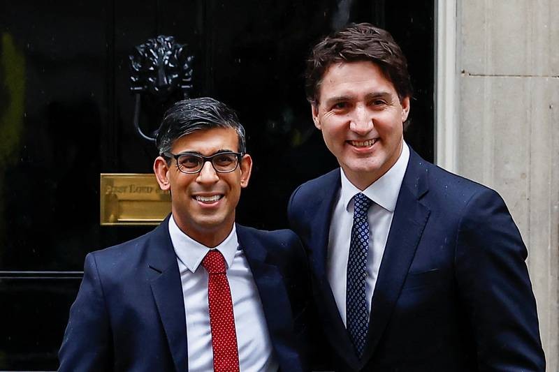 Thủ tướng Canada Justin Trudeau và Thủ tướng Anh Rishi Sunak tại số 10 Phố Downing ở thủ đô London ngày 6/5. (Nguồn: Reuters) Thủ tướng Canada Justin Trudeau và Thủ tướng Anh Rishi Sunak tại số 10 Phố Downing ở thủ đô London ngày 6/5. (Nguồn: Reuters)