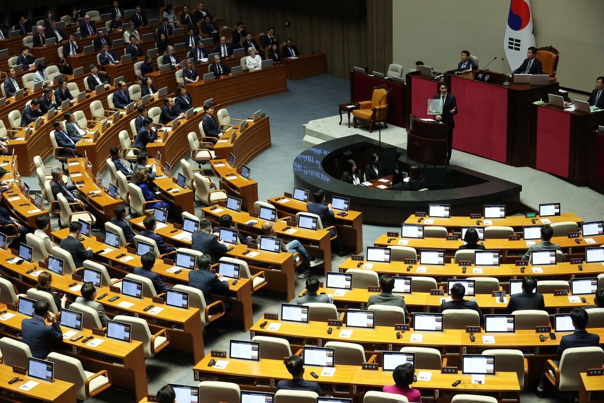  Thủ tướng Canada Justin Trudeau phát biểu trên tại Quốc hội Hàn Quốc trong khuôn khổ chuyến thăm Seoul. ngày 17/5/2023. (Nguồn: Reuters)