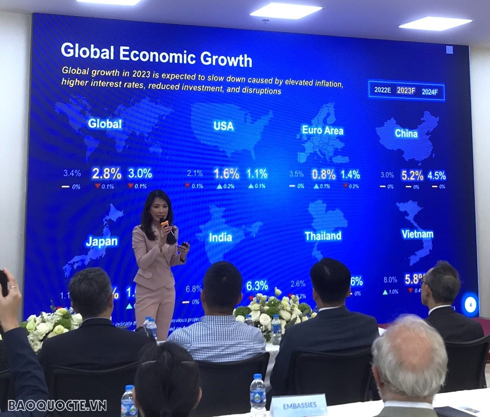 Bà Jareeporn Jarukornsakul, Chủ tịch kiêm Giám đốc Điều hành Tập đoàn của WHA Corporation PCL phát biểu về xu thế chuỗi cung ứng hiện nay. (Ảnh: Xuân Sơn)