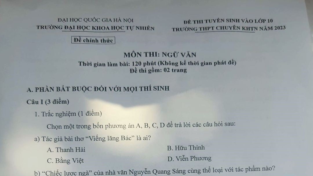 Thi lớp 10: Đề môn Ngữ văn Trường THPT Chuyên Khoa học tự nhiên Hà Nội năm 2023