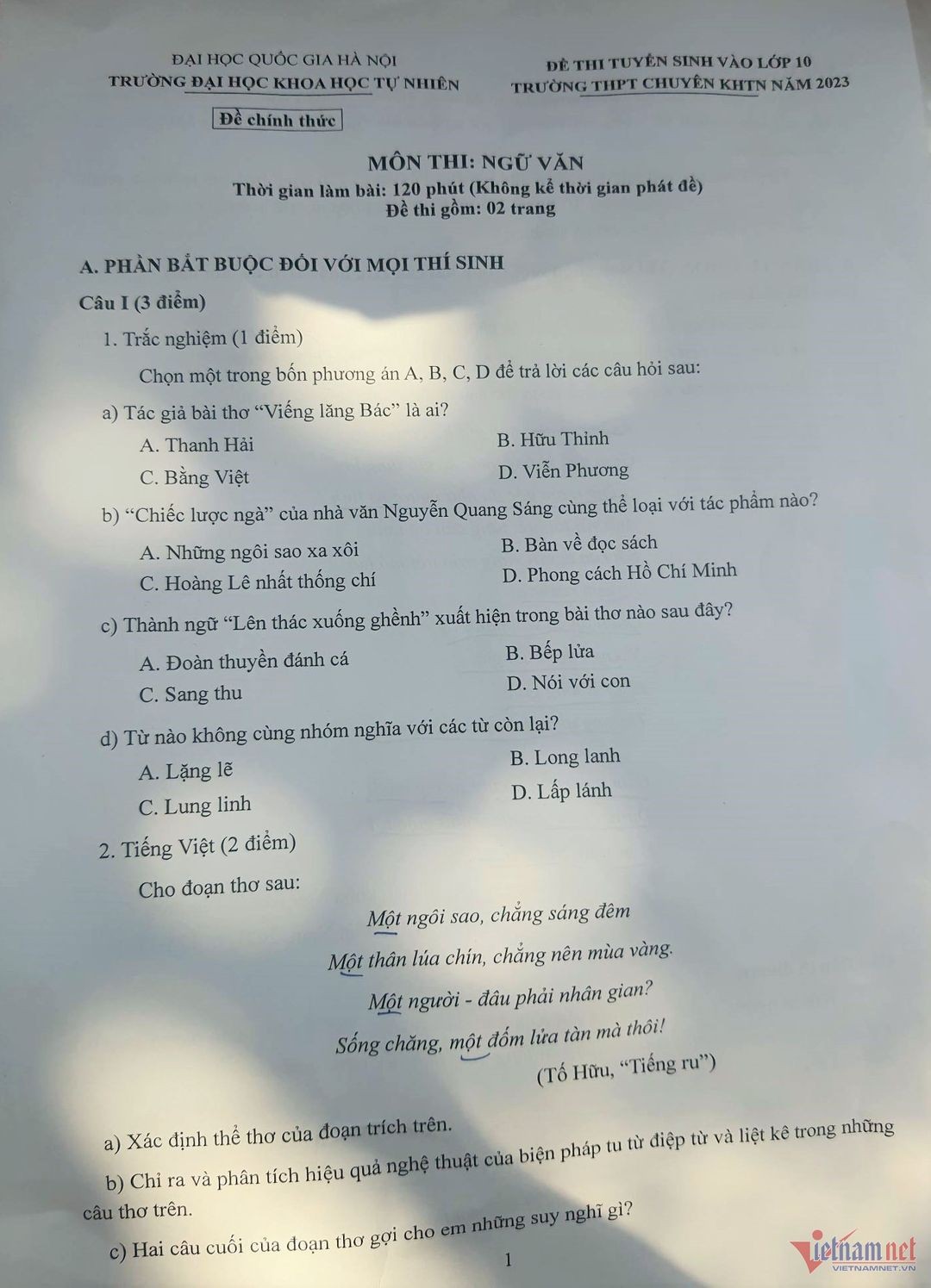 Đề Văn thi lớp 10 Trường THPT Chuyên Khoa học Tự nhiên Hà Nội Đề Văn thi lớp 10 Trường THPT Chuyên Khoa học Tự nhiên Hà Nội