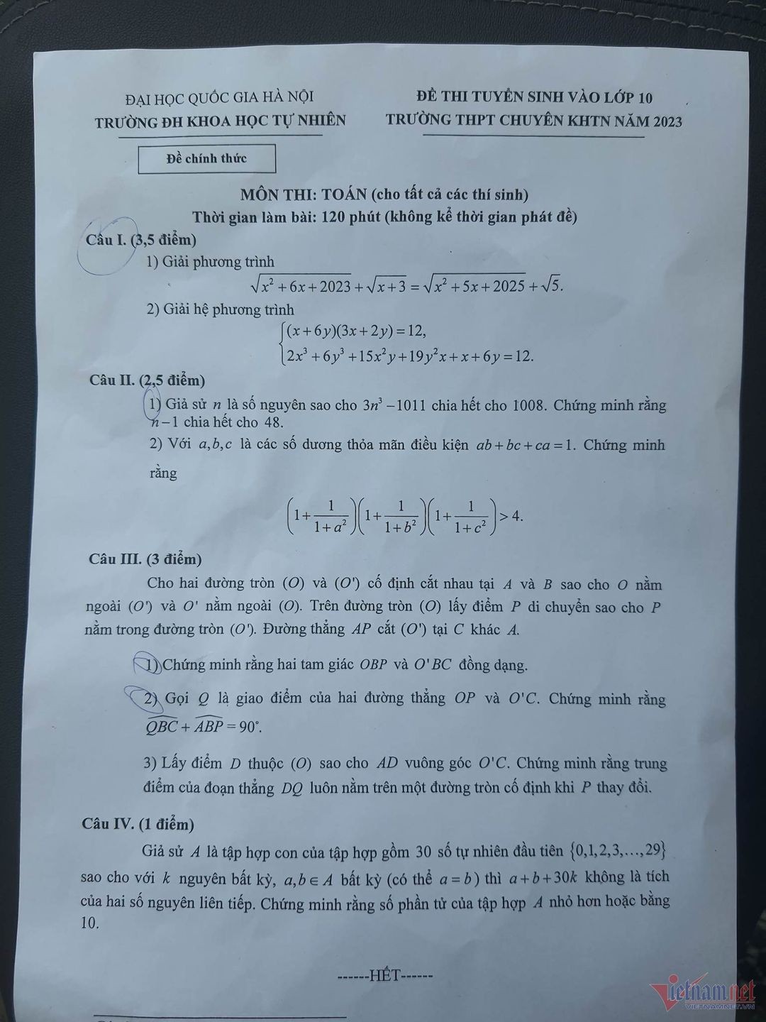 Đề thi vào lớp 10 môn Toán vòng 1 Trường THPT Chuyên Khoa học Tự nhiên 2023 Đề thi vào lớp 10 môn Toán vòng 1 Trường THPT Chuyên Khoa học Tự nhiên 2023