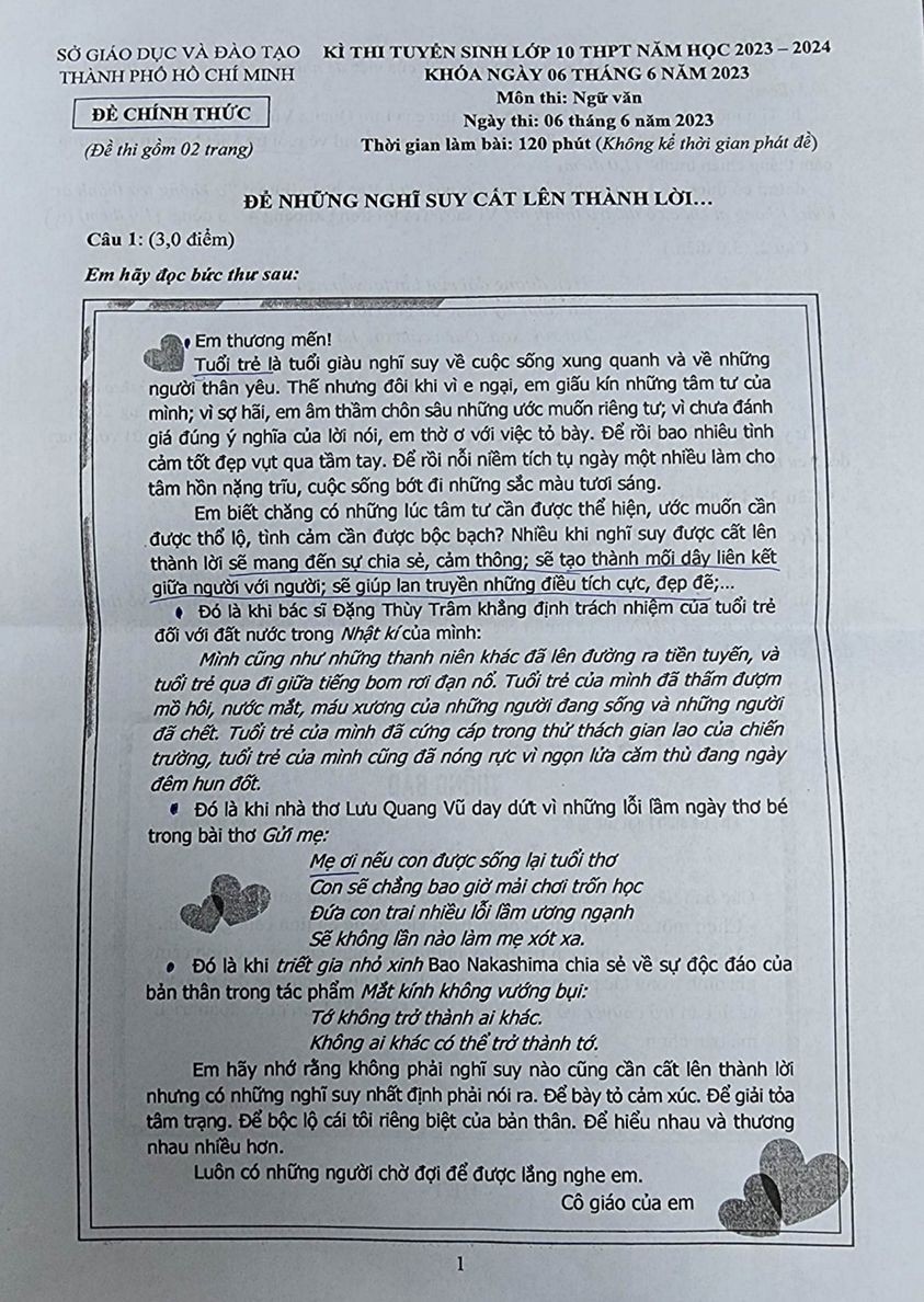 Đề thi môn Ngữ Văn vào lớp 10 tại TP.HCM năm 2023 Đề thi môn Ngữ Văn vào lớp 10 tại TP.HCM năm 2023
