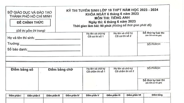 TP. Hồ Chí Minh: Đề thi chính thức môn Tiếng Anh vào lớp 10 năm học 2023-2024