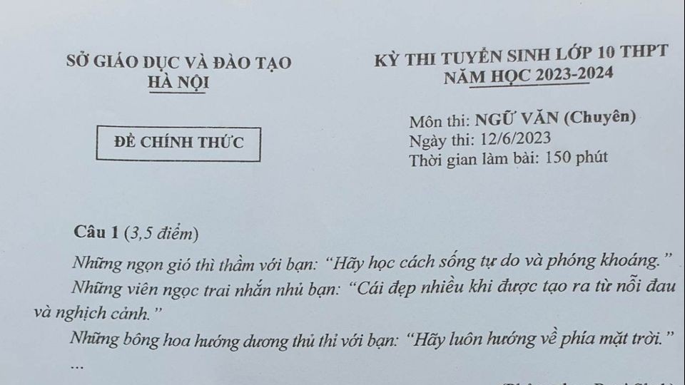 Hà Nội: Đề thi môn Ngữ văn lớp 10 chuyên năm 2023