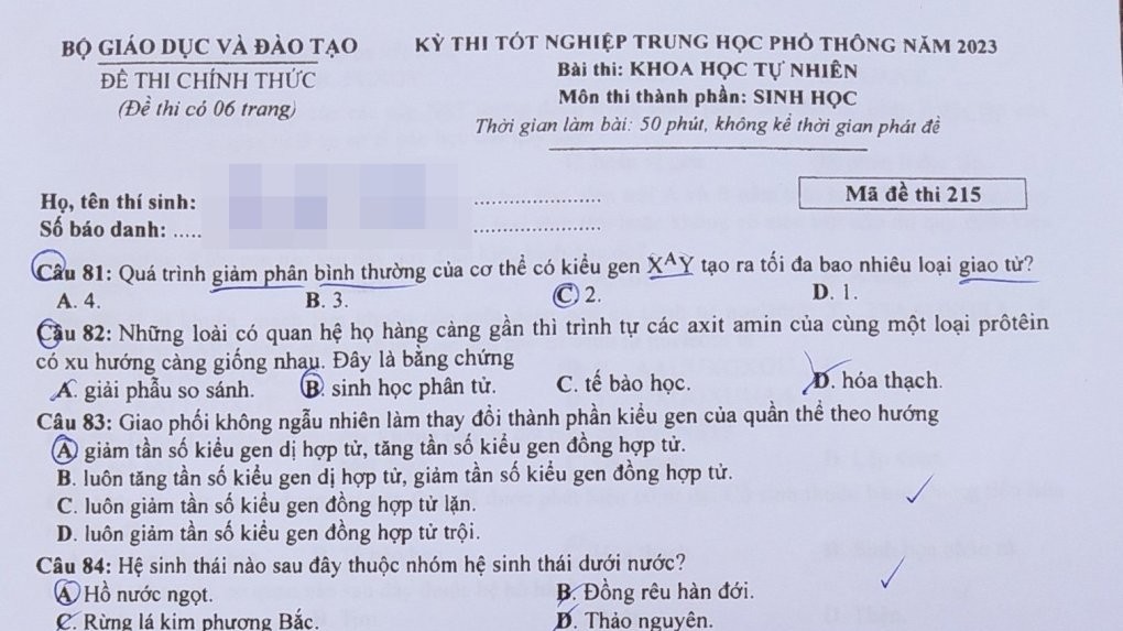 Đề thi chính thức môn Sinh học kỳ thi tốt nghiệp THPT 2023
