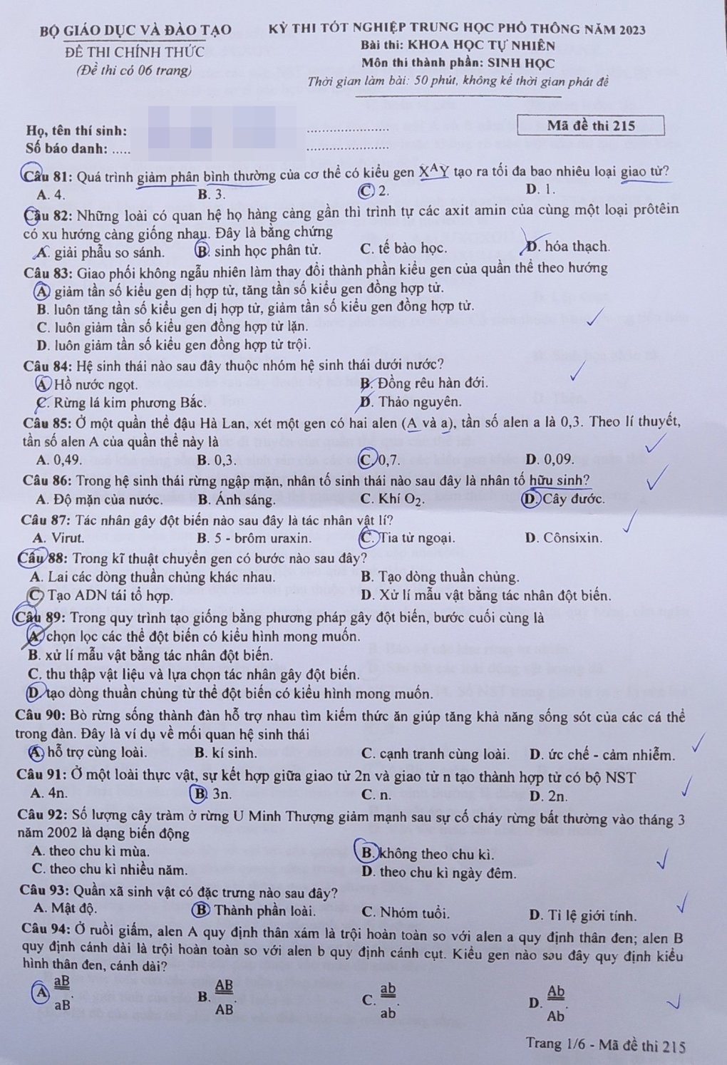 Đề thi chính thức môn Sinh học kỳ thi tốt nghiệp THPT 2023