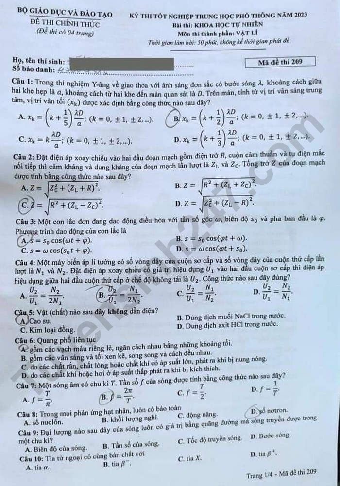 Đề và đáp án môn Vật lý thi tốt nghiệp THPT 2023 Đề và đáp án môn Vật lý thi tốt nghiệp THPT 2023
