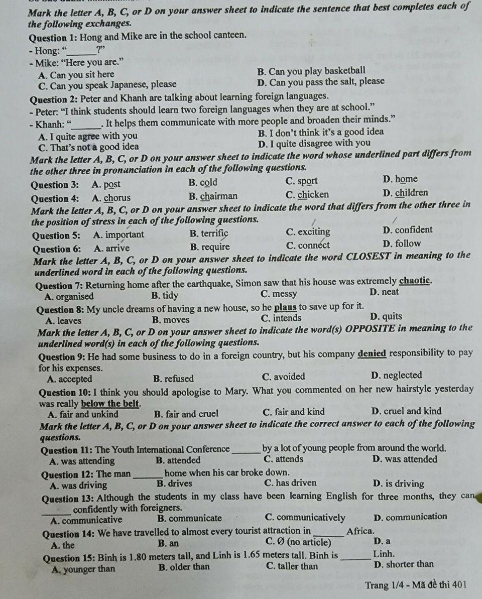 Đề môn Tiếng Anh thi tốt nghiệp THPT 2023 chính thức