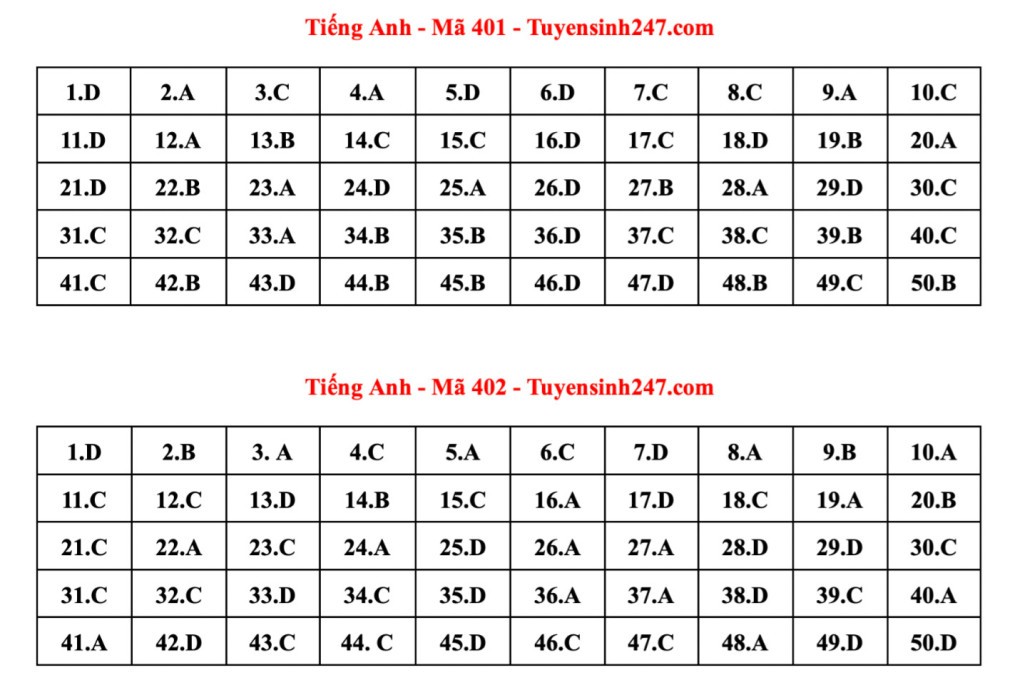 Đáp án tham khảo 24 mã đề thi Tiếng Anh tốt nghiệp THPT 2023