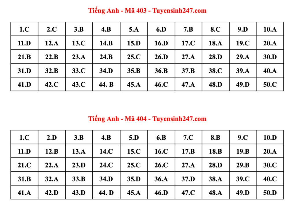 Đáp án tham khảo 24 mã đề thi Tiếng Anh tốt nghiệp THPT 2023