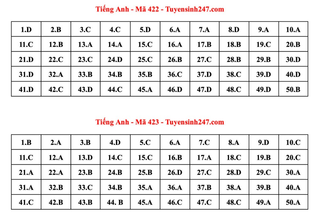 Đáp án tham khảo 24 mã đề thi Tiếng Anh tốt nghiệp THPT 2023