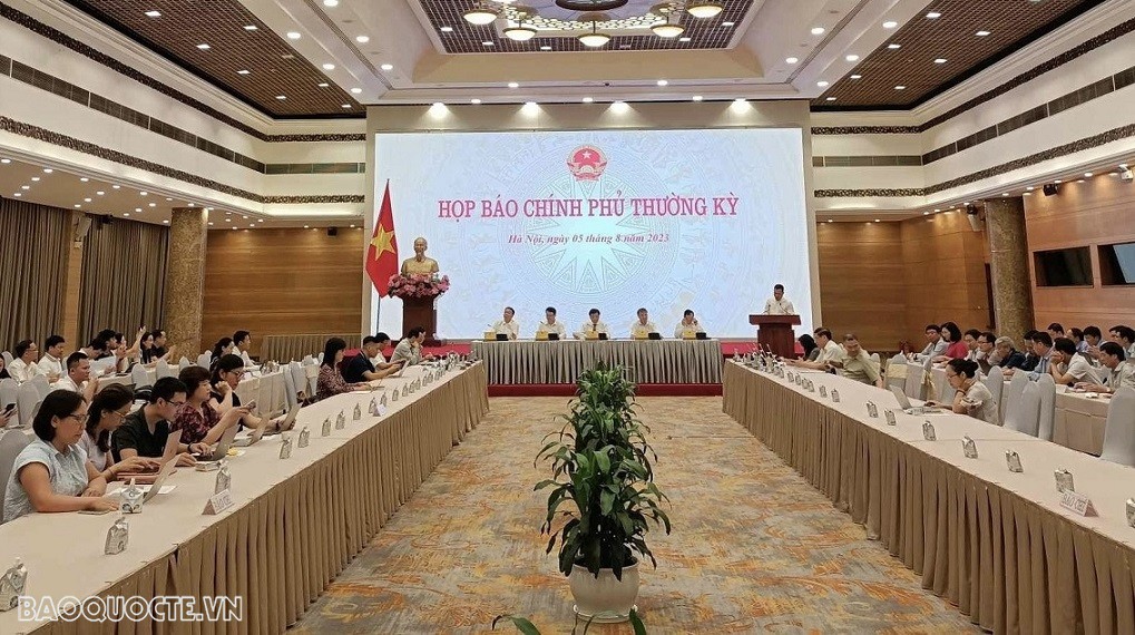 Toàn cảnh họp báo Chính phủ thường kỳ tháng 7/2023. (Ảnh: Anh Văn) Toàn cảnh họp báo Chính phủ thường kỳ tháng 7/2023. (Ảnh: Anh Văn)