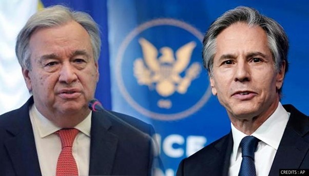Ngoại trưởng Mỹ Antony Blinken và Tổng thư ký Liên hợp quốc Antonio Guterres. (Nguồn: AP) Ngoại trưởng Mỹ Antony Blinken và Tổng thư ký Liên hợp quốc Antonio Guterres. (Nguồn: AP)