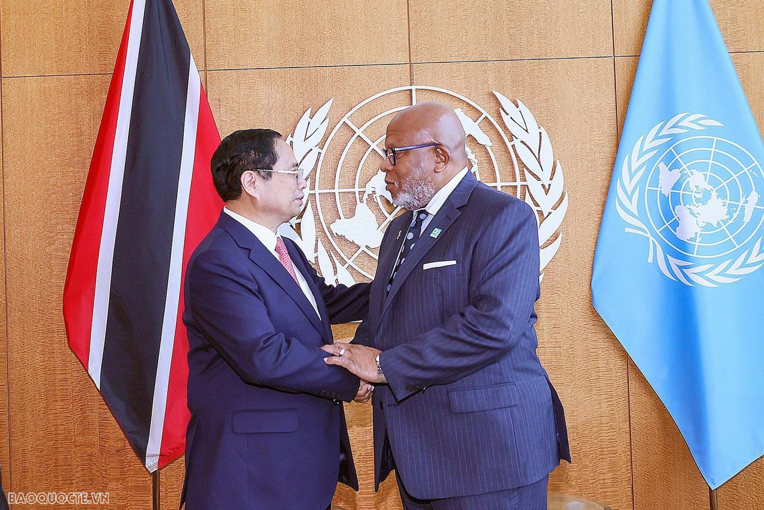 Thủ tướng Phạm Minh Chính gặp Chủ tịch Đại hội đồng Liên hợp quốc Khóa 78 Dennis Francis.