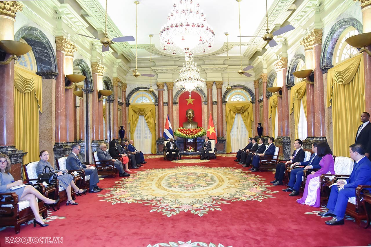 Ngày 25/9/2023, tại Phủ Chủ tịch, Chủ tịch nước Võ Văn Thưởng tiếp Chủ tịch Quốc hội Cuba Esteban Lazo Hernández. (Ảnh: Anh Sơn)