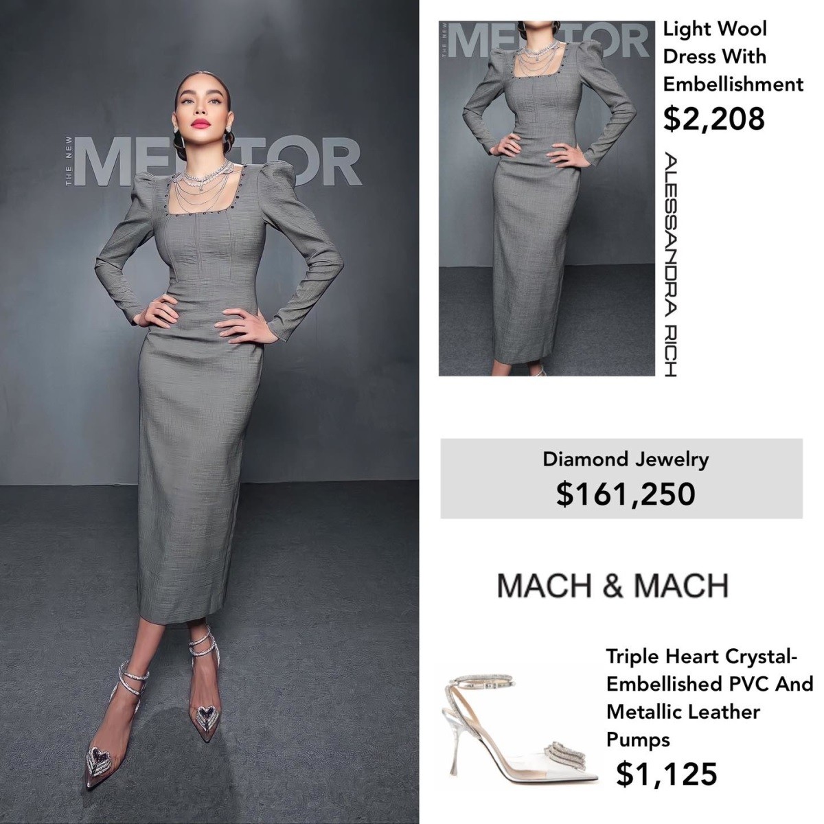 Theo đuổi phong cách quiet luxury, Hồ Ngọc Hà diện nhiều trang phục xa xỉ nhưng không phô trương thương hiệu tại The New Mentor. Với bộ cánh trong tập 6, nữ ca sĩ mặc đầm Alessandra Rich trơn màu, không họa tiết giá hơn 2.000 USD. Điểm nhấn trên bộ trang phục là trang sức kim cương giá hơn 160.000 USD. Tổng trị giá trang phục của bà xã Kim Lý là 164.583 USD (gần 4 tỷ đồng). Đây cũng là set đồ đắt nhất mà Hồ Ngọc Hà diện trên ghế huấn luyện viên.