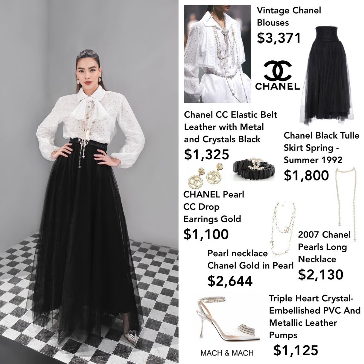 Hồ Ngọc Hà được khen khi diện nhiều trang phục có kiểu dáng rườm rà nhưng tổng thể không bị rối mắt. Set đồ gồm sơ mi thắt nơ, chân váy tulle và hàng loạt trang sức cùng của Chanel, tổng giá 13.495 USD (hơn 320 triệu đồng) là 1 trong số đó. 