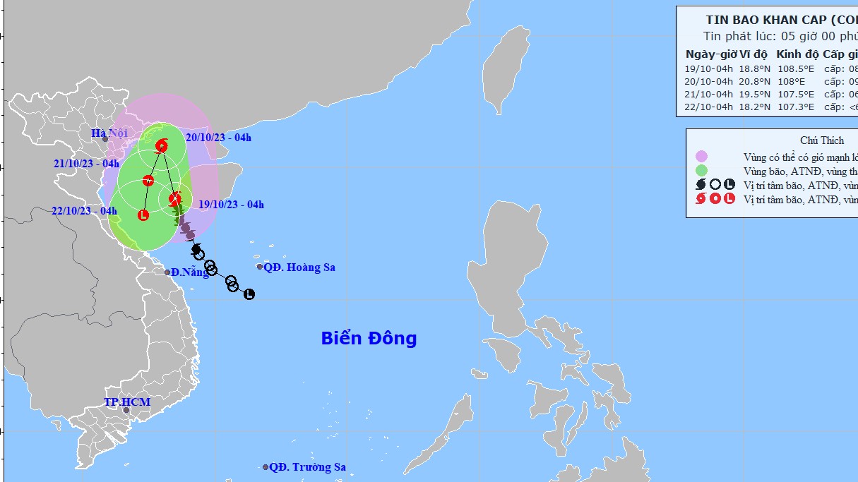 Dự báo bão số 5: Khả năng mạnh thêm; Vịnh Bắc Bộ, vùng biển Quảng Trị sóng biển cao 3-5m; Đông Bắc Bộ, Bắc Trung Bộ mưa vừa, có nơi mưa to đến rất to