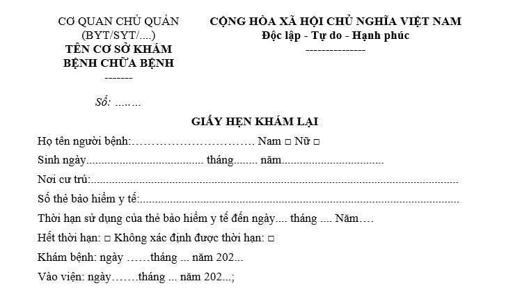 Quy định giấy hẹn khám lại bảo hiểm y tế từ ngày 2/12/2023