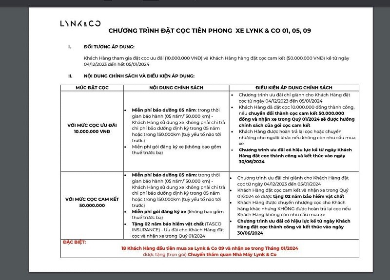 Chi tiết chương trình đặt cọc cho các mẫu xe Trung Quốc Lynk & Co. Chi tiết chương trình đặt cọc cho các mẫu xe Trung Quốc Lynk & Co.