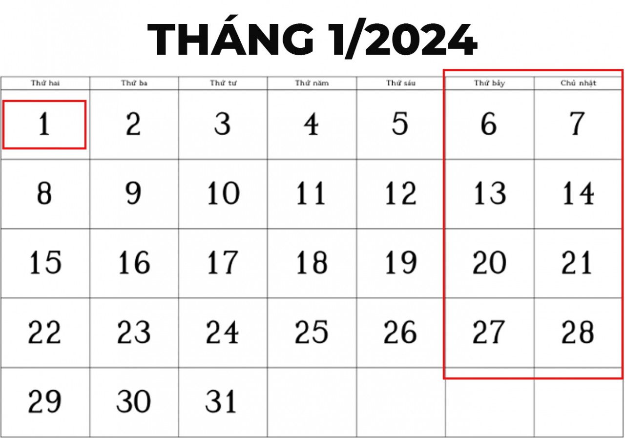 Lịch nghỉ tháng 1/2024 với công chức, viên chức và người lao động Lịch nghỉ tháng 1/2024 với công chức, viên chức và người lao động