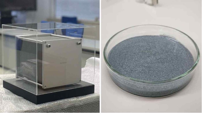 Sharp đang nghiên cứu pin kẽm-không khí, bên trái và chất điện phân trong đó các hạt kẽm được phân tán. (Nguồn: Nikkei)