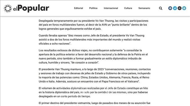 Báo chí Uruguay đưa tin về đánh giá và yêu cầu của Tổng Bí thư Nguyễn Phú Trọng đối với sự phát triển của Việt Nam