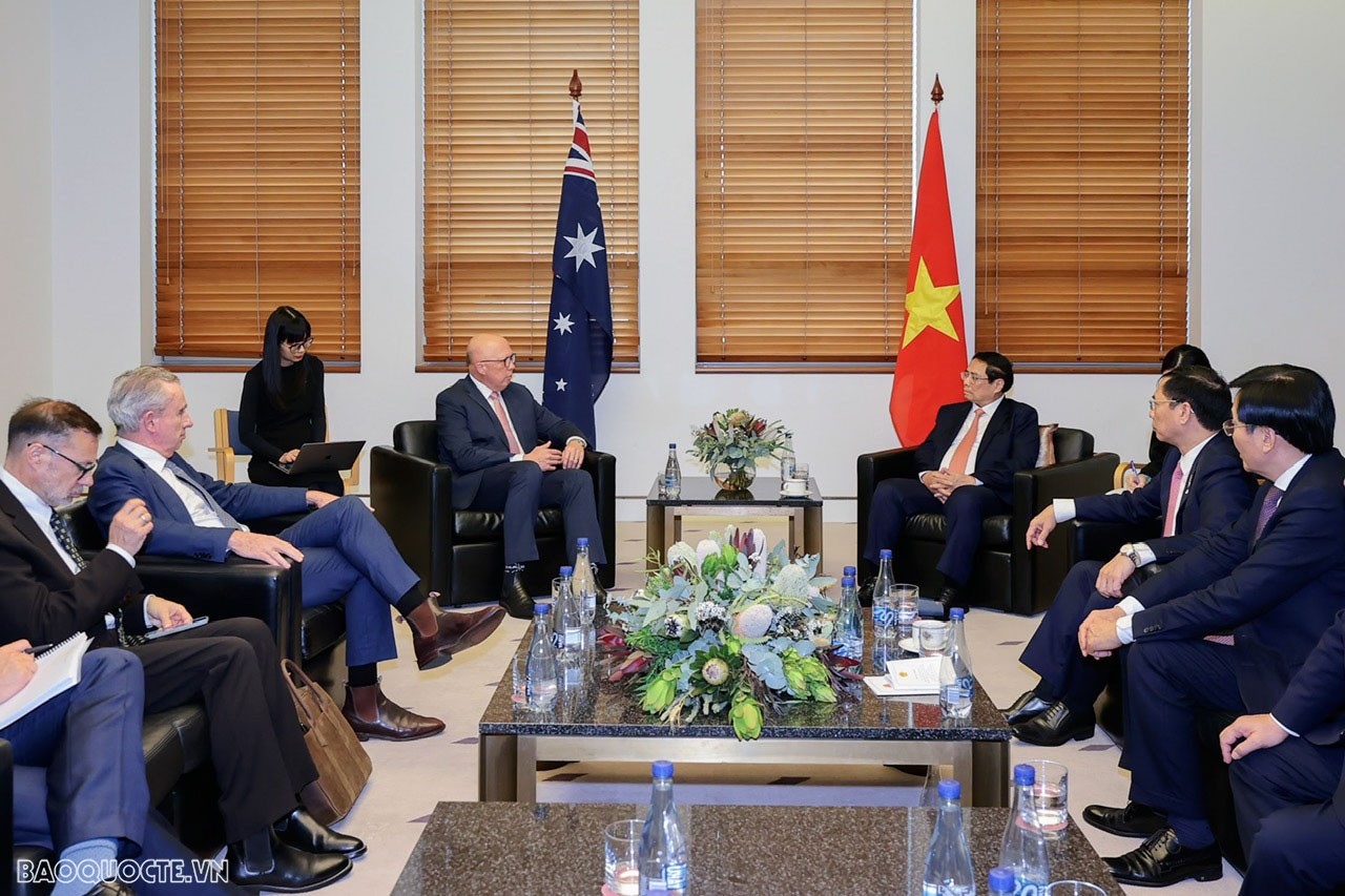 Chiều ngày 7/3, tại nhà Quốc hội, Thủ đô Canberra, Thủ tướng Chính phủ Phạm Minh Chính đã tiếp Lãnh đạo Đảng Tự do Australia Peter Dutton. Chiều ngày 7/3, tại nhà Quốc hội, Thủ đô Canberra, Thủ tướng Chính phủ Phạm Minh Chính đã tiếp Lãnh đạo Đảng Tự do Australia Peter Dutton.