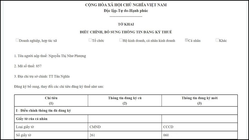 Cách thay đổi thông tin đăng ký thuế từ CMND sang CCCD ngay tại nhà Cách thay đổi thông tin đăng ký thuế từ CMND sang CCCD ngay tại nhà