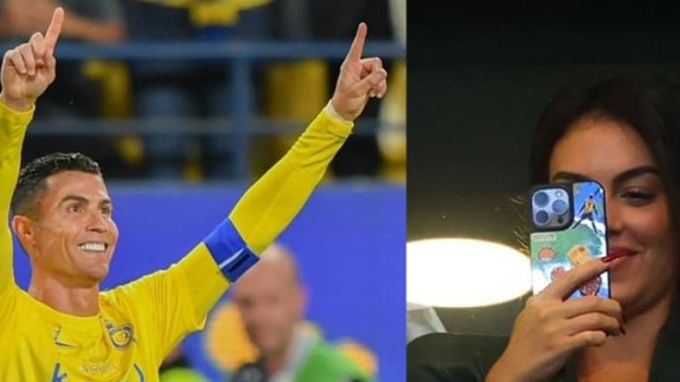 C. Ronaldo mừng lập hat-trick với bạn gái Georgina Rodriguez trên khán đài